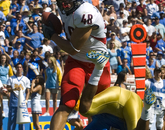 In his sophomore year, Gronkowski had 47 receptions for 672 yards and 10 touchdowns in only 10 games. In his sophomore year, Gronkowski had 47 receptions for 672 yards and 10 touchdowns in only 10 games.